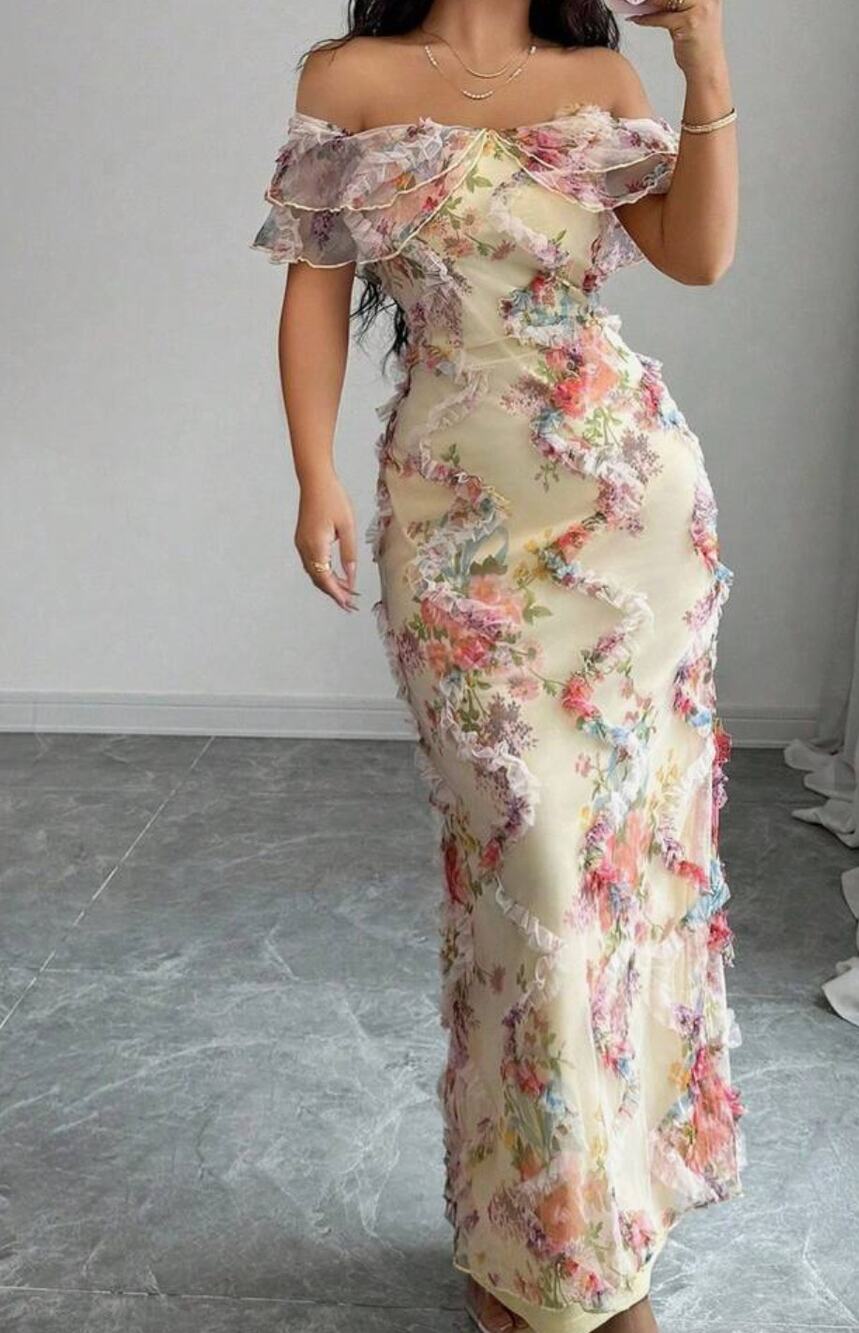 Fairycore Floral Chiffon Ruffle Maxi Dress Off Shoulder